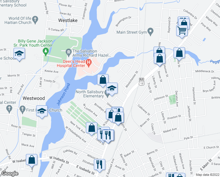 map of restaurants, bars, coffee shops, grocery stores, and more near 305 Handy Street in Salisbury