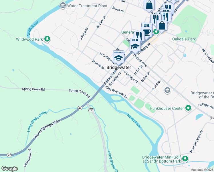 map of restaurants, bars, coffee shops, grocery stores, and more near 208 South Main Street in Bridgewater