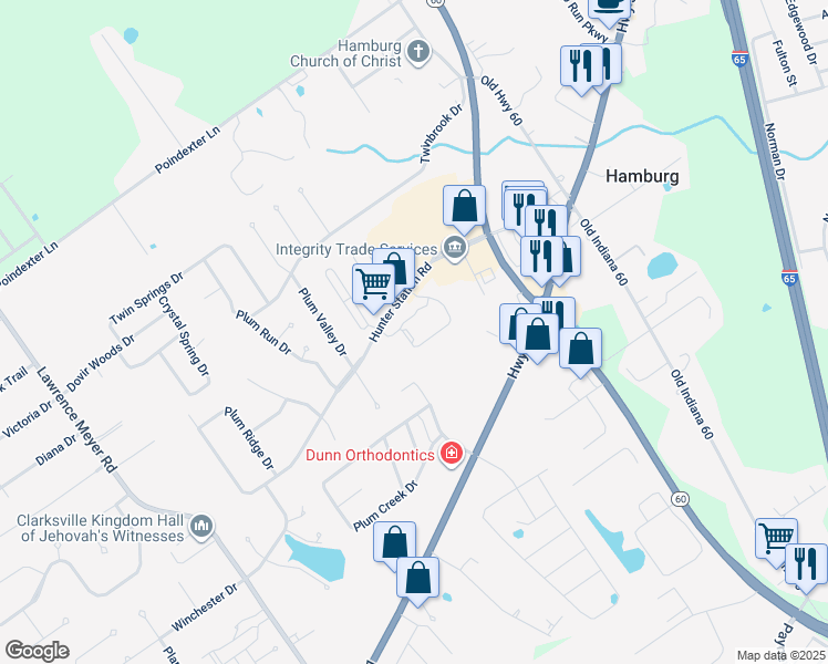 map of restaurants, bars, coffee shops, grocery stores, and more near 8406 Hunters Trace in Sellersburg