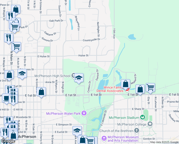 map of restaurants, bars, coffee shops, grocery stores, and more near 1021 Cedars Drive in McPherson
