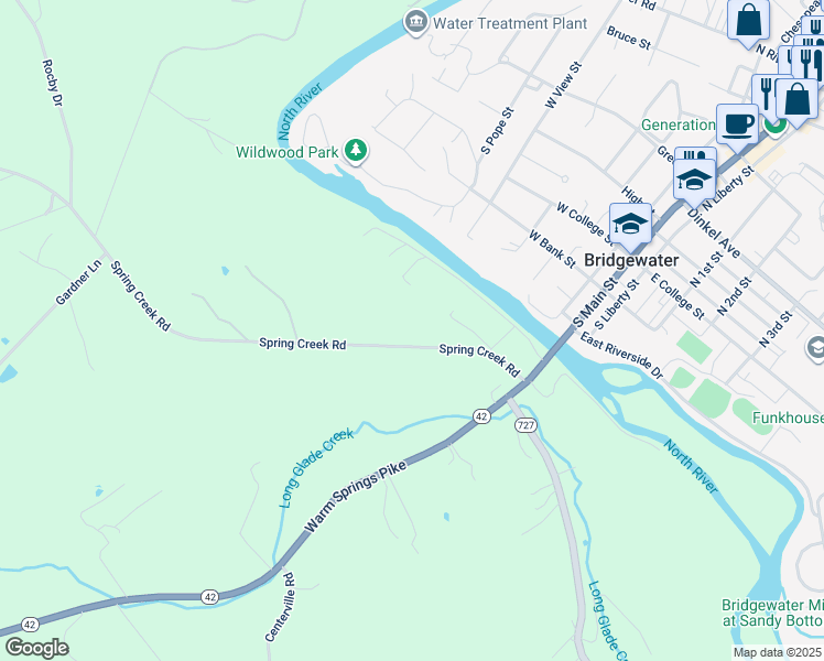 map of restaurants, bars, coffee shops, grocery stores, and more near Spring Creek Road in Bridgewater