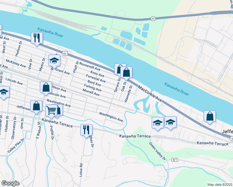map of restaurants, bars, coffee shops, grocery stores, and more near 210 Spruce Street in Saint Albans