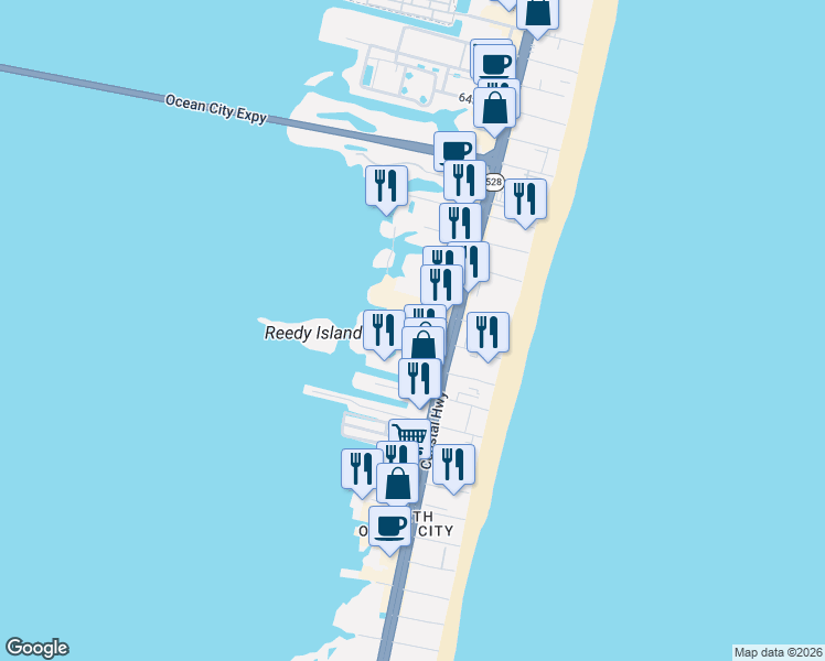 map of restaurants, bars, coffee shops, grocery stores, and more near 5509 Maryland 528 in Ocean City