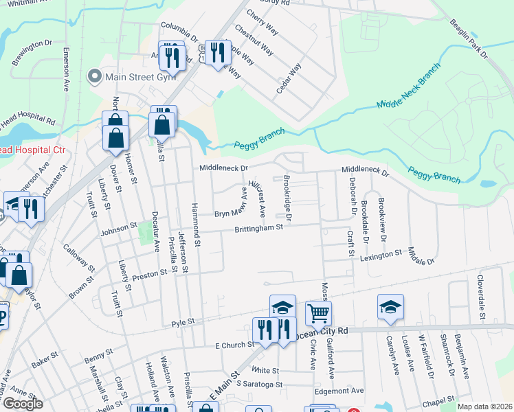 map of restaurants, bars, coffee shops, grocery stores, and more near 1125 Hillcrest Avenue in Salisbury
