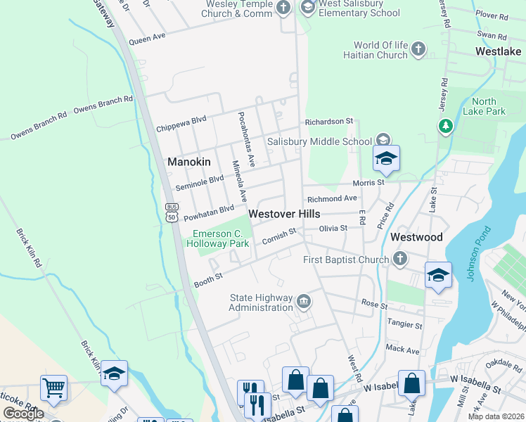 map of restaurants, bars, coffee shops, grocery stores, and more near 811 Miami Avenue in Salisbury