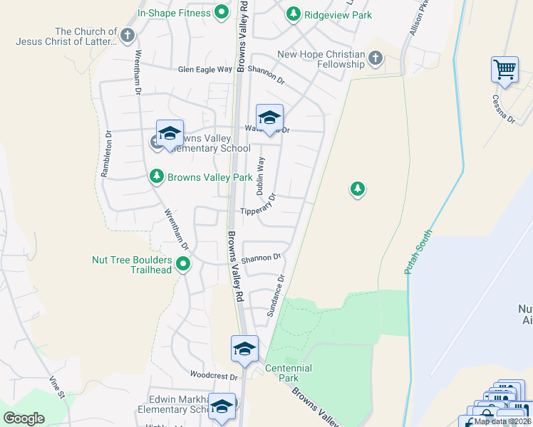 map of restaurants, bars, coffee shops, grocery stores, and more near 542 Tipperary Drive in Vacaville