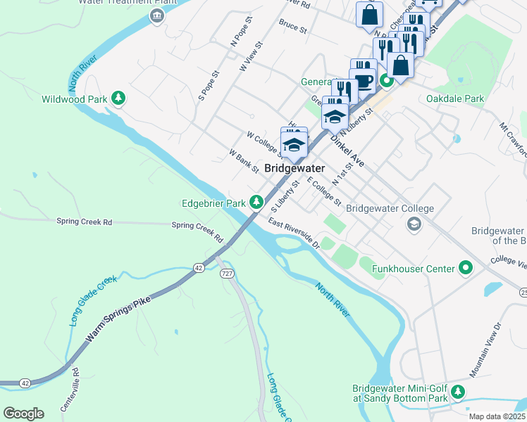 map of restaurants, bars, coffee shops, grocery stores, and more near 208 South Main Street in Bridgewater