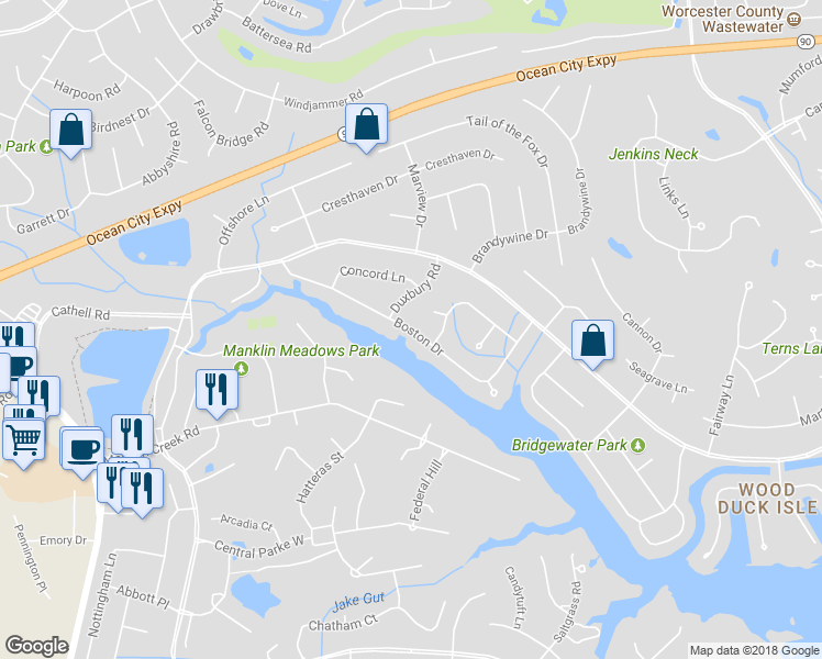 map of restaurants, bars, coffee shops, grocery stores, and more near 66 Boston Drive in Ocean Pines
