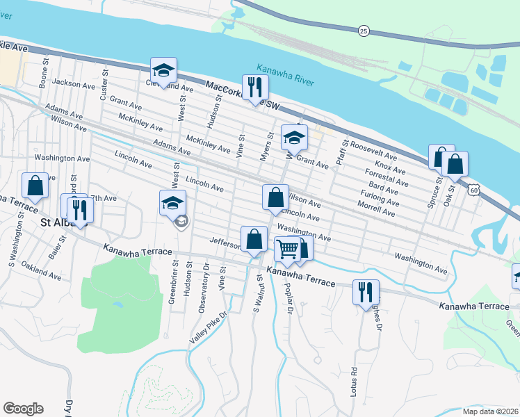 map of restaurants, bars, coffee shops, grocery stores, and more near 2324 Lincoln Avenue in Saint Albans
