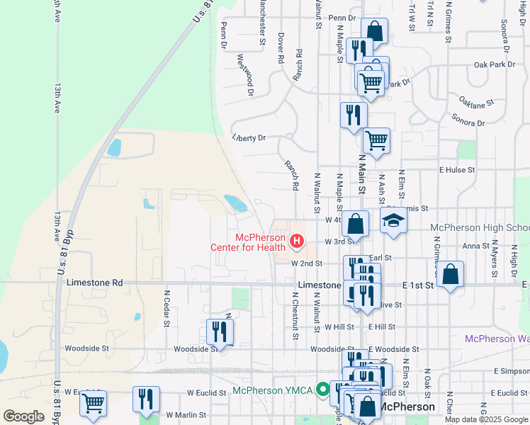 map of restaurants, bars, coffee shops, grocery stores, and more near 1101 Hospital Drive in McPherson