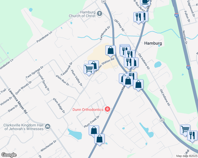 map of restaurants, bars, coffee shops, grocery stores, and more near 400 Hunter Station Road in Sellersburg