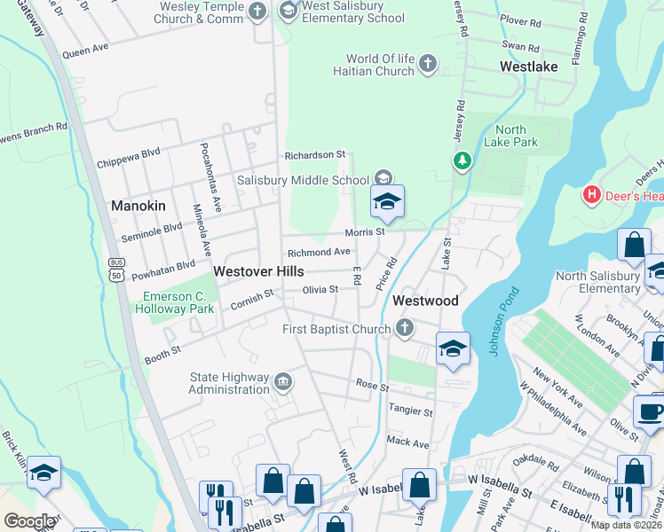 map of restaurants, bars, coffee shops, grocery stores, and more near 720 Richmond Avenue in Salisbury
