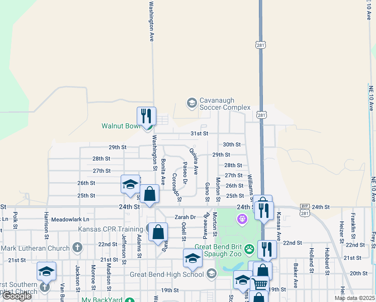 map of restaurants, bars, coffee shops, grocery stores, and more near 2932 Quivira Avenue in Great Bend