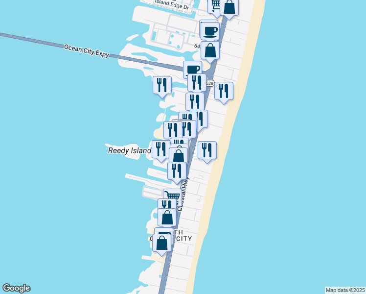 map of restaurants, bars, coffee shops, grocery stores, and more near 5509 Maryland 528 in Ocean City