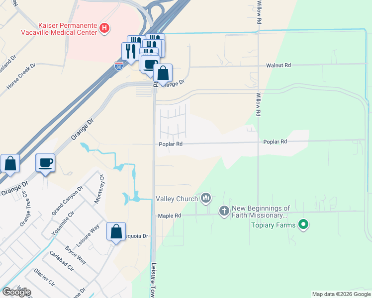 map of restaurants, bars, coffee shops, grocery stores, and more near 5070 Poplar Road in Vacaville