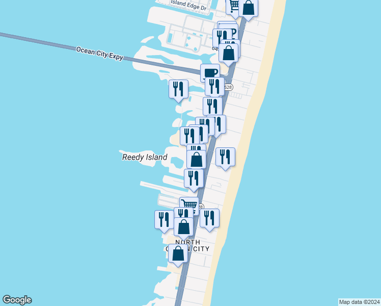 map of restaurants, bars, coffee shops, grocery stores, and more near 105 56th Street in Ocean City