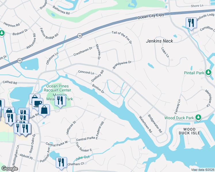 map of restaurants, bars, coffee shops, grocery stores, and more near 13 Upton Court in Ocean Pines
