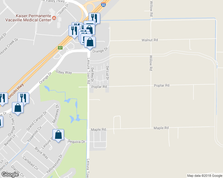 map of restaurants, bars, coffee shops, grocery stores, and more near 5070 Poplar Road in Vacaville