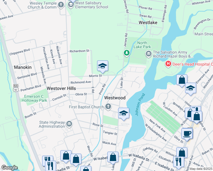 map of restaurants, bars, coffee shops, grocery stores, and more near 903 Price Road in Salisbury