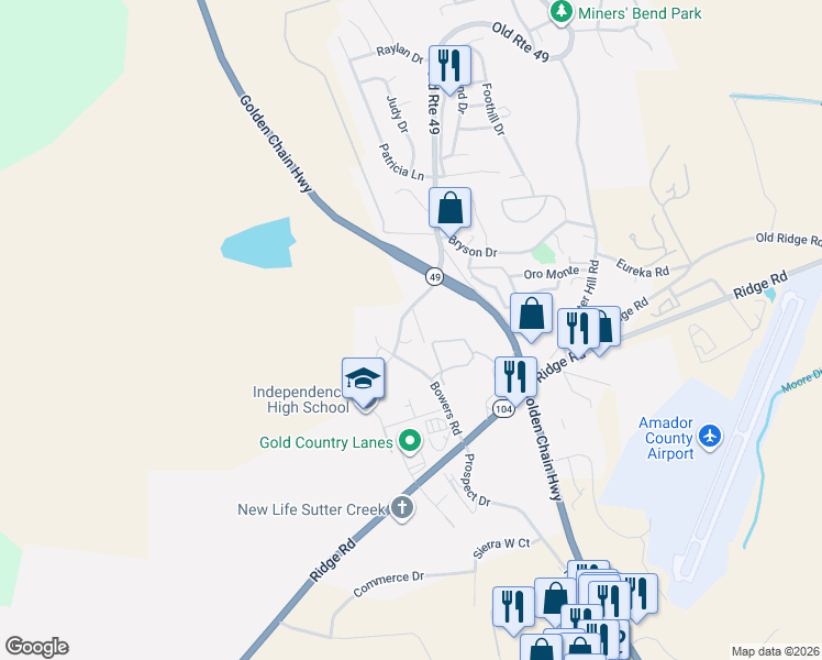 map of restaurants, bars, coffee shops, grocery stores, and more near 116 Valley View Way in Sutter Creek