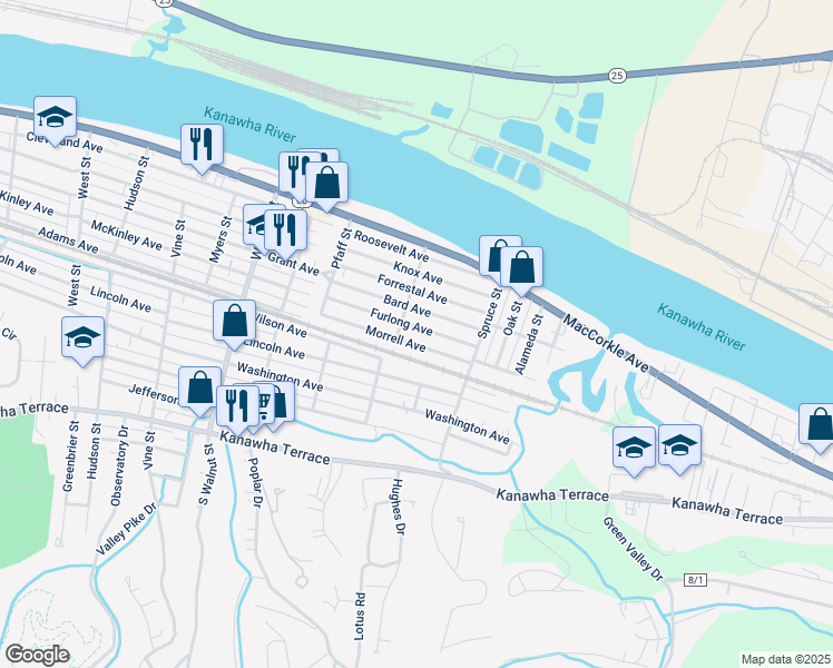 map of restaurants, bars, coffee shops, grocery stores, and more near 2701 Furlong Avenue in Saint Albans