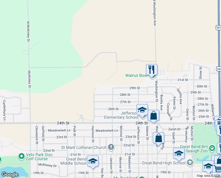 map of restaurants, bars, coffee shops, grocery stores, and more near 3022 29th Street in Great Bend