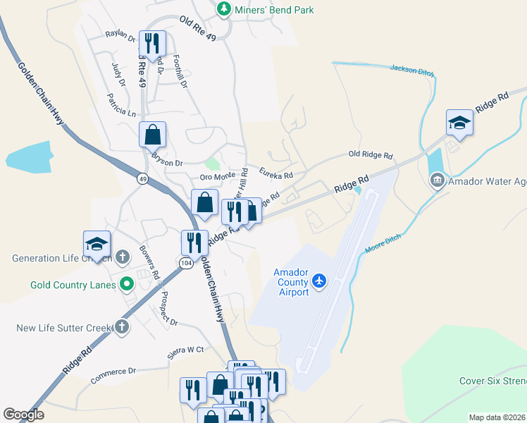 map of restaurants, bars, coffee shops, grocery stores, and more near 12280 Old Ridge Road in Sutter Creek