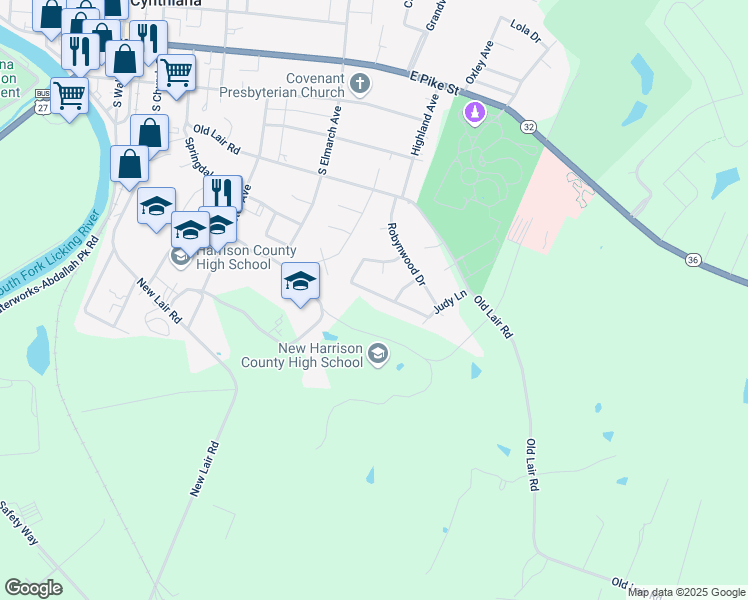 map of restaurants, bars, coffee shops, grocery stores, and more near 137 South Leawood Drive in Cynthiana