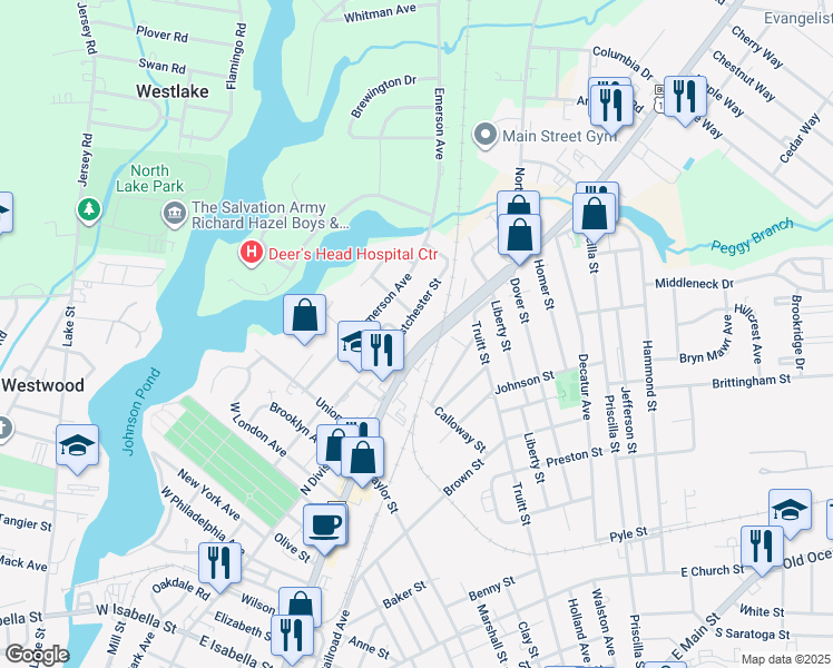 map of restaurants, bars, coffee shops, grocery stores, and more near 1313 Westchester Street in Salisbury