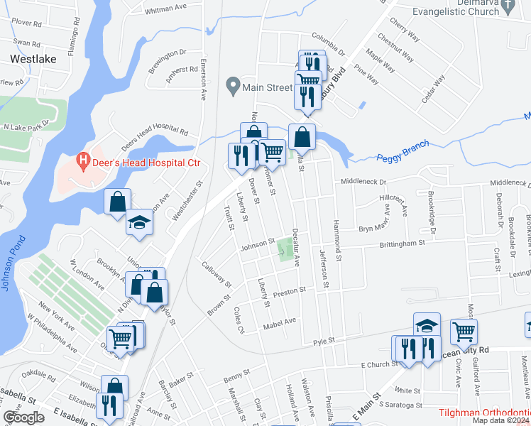 map of restaurants, bars, coffee shops, grocery stores, and more near 621 Dover Street in Salisbury
