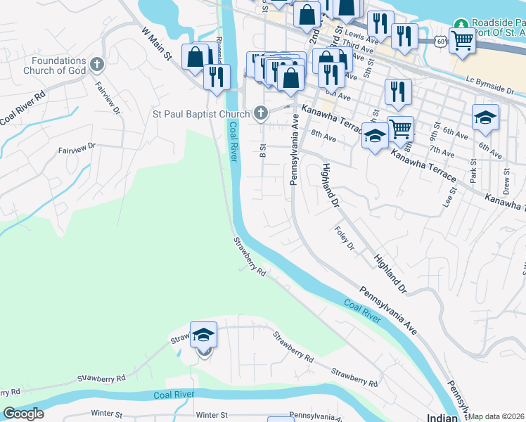map of restaurants, bars, coffee shops, grocery stores, and more near 9 Sheridan Drive in Saint Albans