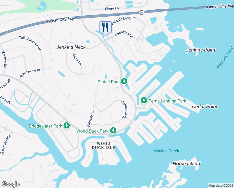 map of restaurants, bars, coffee shops, grocery stores, and more near 598 Ocean Parkway in Ocean Pines