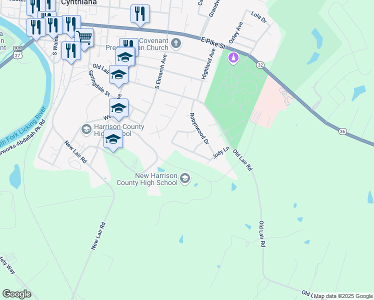 map of restaurants, bars, coffee shops, grocery stores, and more near 137 South Leawood Drive in Cynthiana