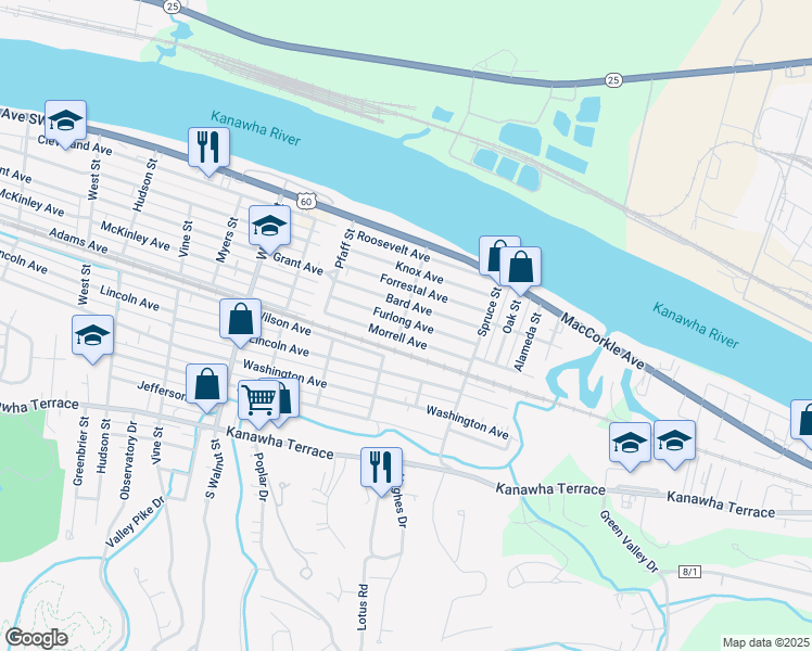 map of restaurants, bars, coffee shops, grocery stores, and more near 2701 Furlong Avenue in Saint Albans