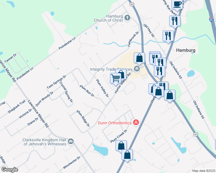 map of restaurants, bars, coffee shops, grocery stores, and more near 8480 Villa Circle in Sellersburg