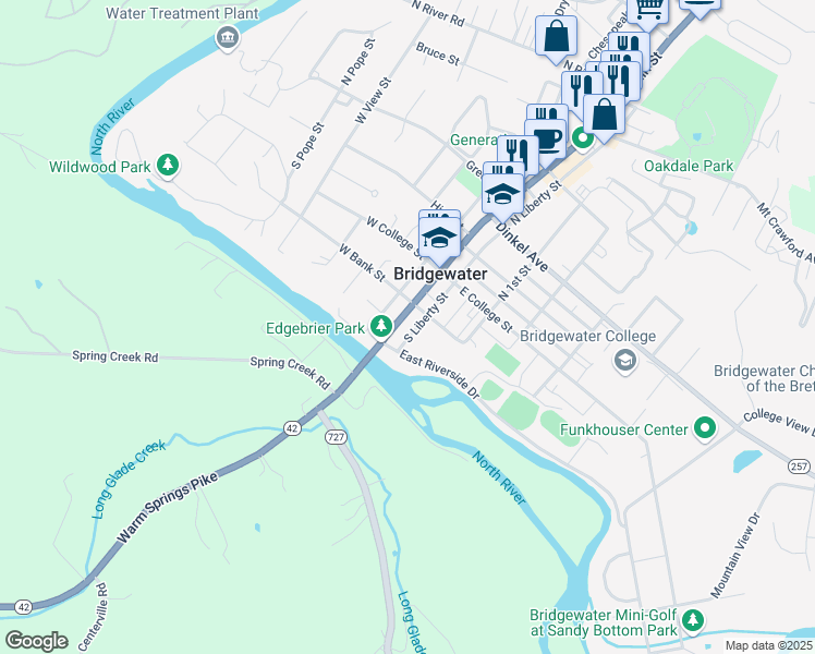 map of restaurants, bars, coffee shops, grocery stores, and more near 208 South Main Street in Bridgewater