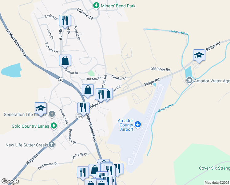 map of restaurants, bars, coffee shops, grocery stores, and more near 12280 Old Ridge Road in Sutter Creek