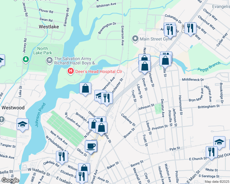 map of restaurants, bars, coffee shops, grocery stores, and more near 1313 Westchester Street in Salisbury