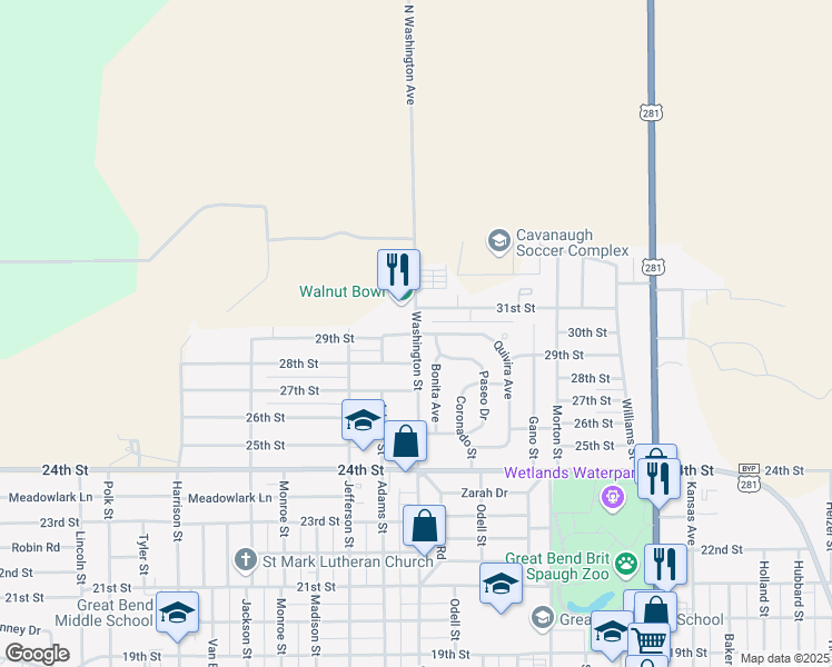 map of restaurants, bars, coffee shops, grocery stores, and more near 29th Street in Great Bend