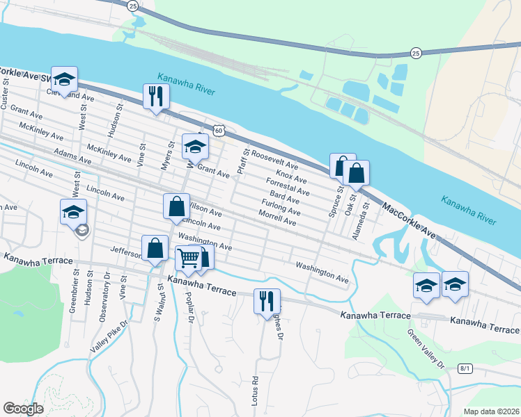 map of restaurants, bars, coffee shops, grocery stores, and more near 2632 Morrell Avenue in Saint Albans