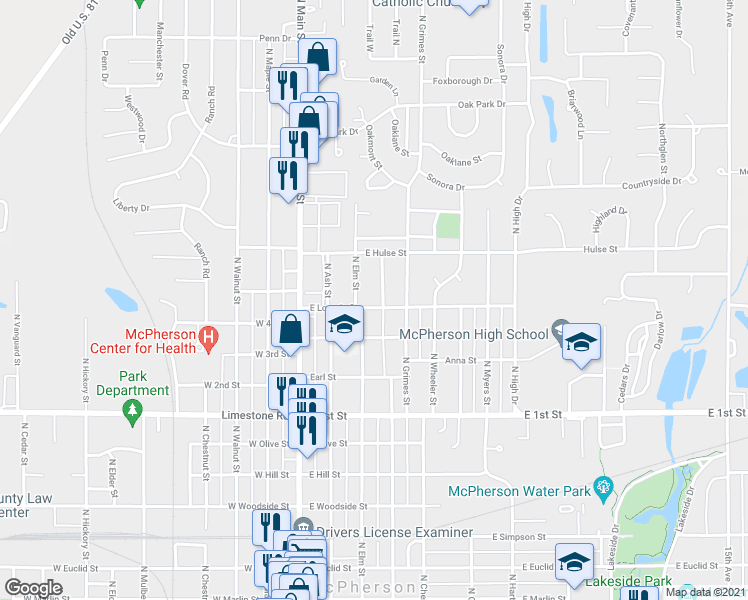 map of restaurants, bars, coffee shops, grocery stores, and more near 325 E Loomis St in McPherson