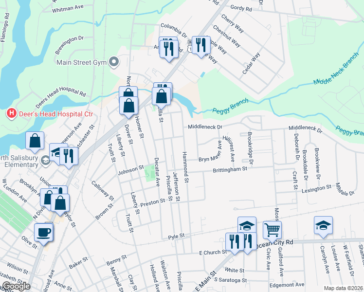 map of restaurants, bars, coffee shops, grocery stores, and more near 622 Hammond Street in Salisbury