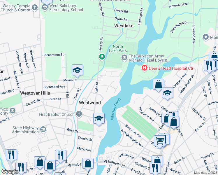 map of restaurants, bars, coffee shops, grocery stores, and more near 406 Trinity Drive in Salisbury