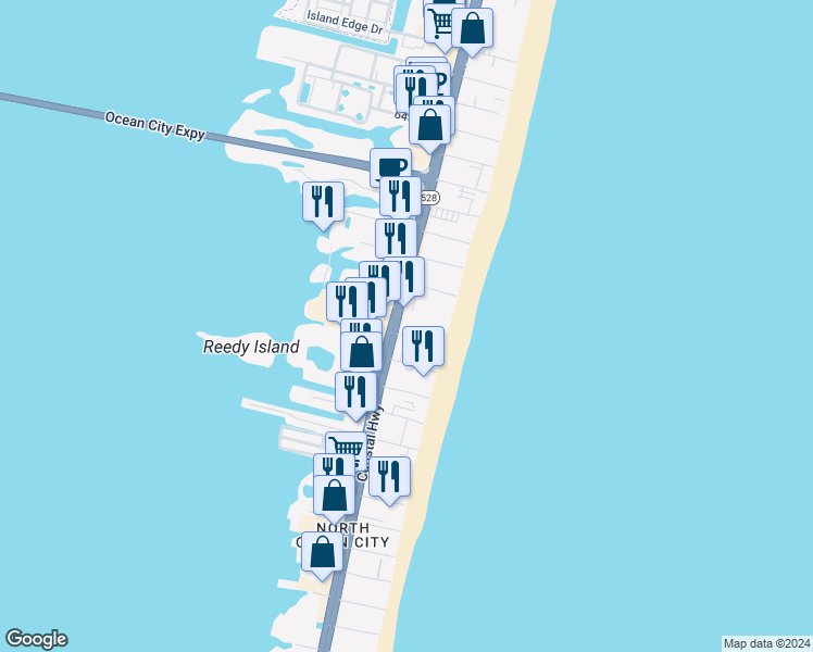 map of restaurants, bars, coffee shops, grocery stores, and more near 5604 Coastal Highway in Ocean City