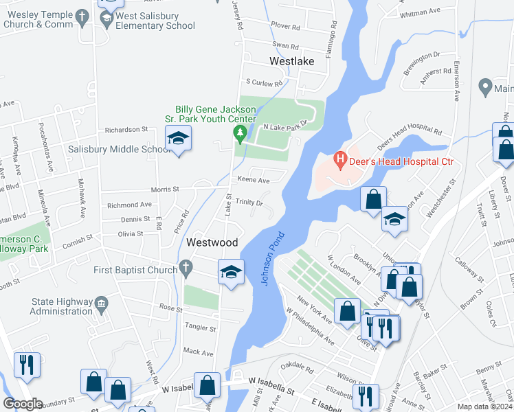 map of restaurants, bars, coffee shops, grocery stores, and more near 406 Trinity Drive in Salisbury