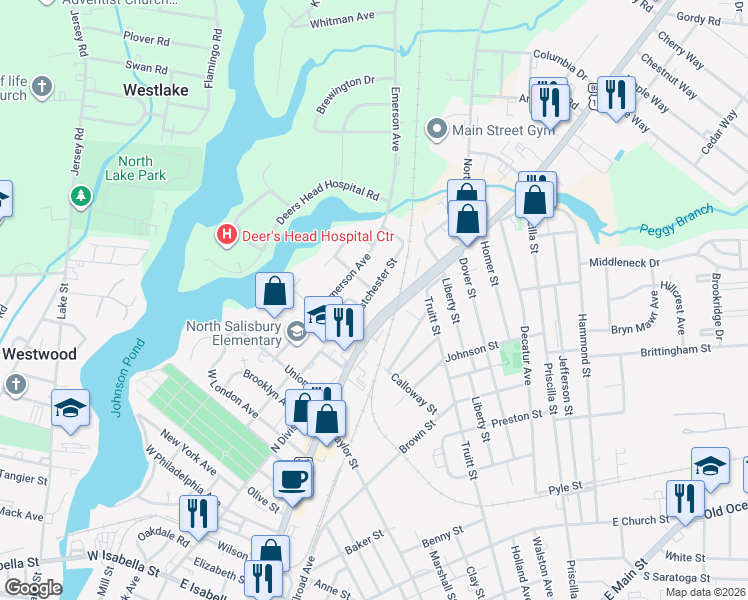 map of restaurants, bars, coffee shops, grocery stores, and more near 1315 Westchester Street in Salisbury