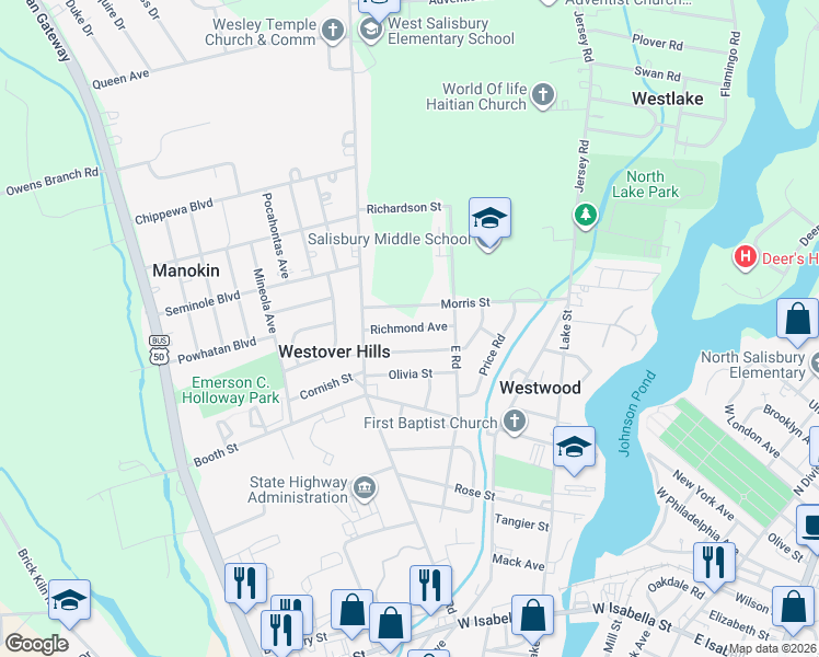 map of restaurants, bars, coffee shops, grocery stores, and more near 720 Richmond Avenue in Salisbury