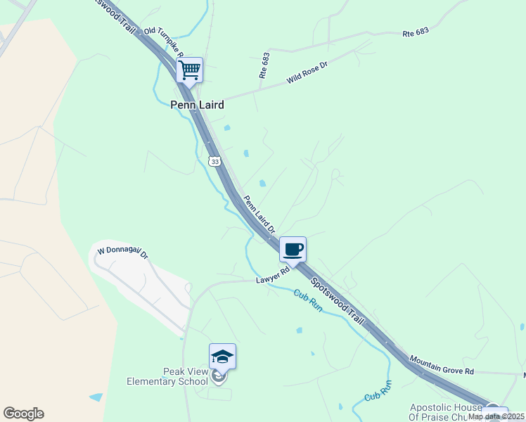 map of restaurants, bars, coffee shops, grocery stores, and more near 5753 Penn Laird Drive in Penn Laird