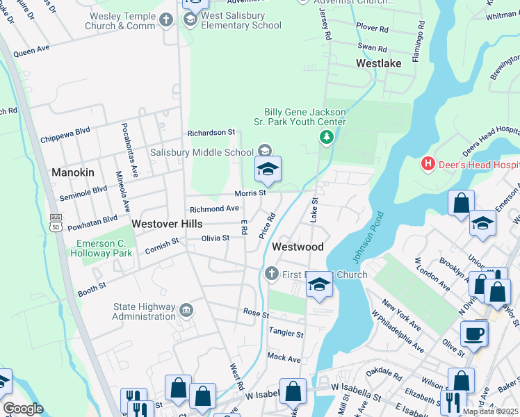 map of restaurants, bars, coffee shops, grocery stores, and more near 1045 Arthur Street in Salisbury