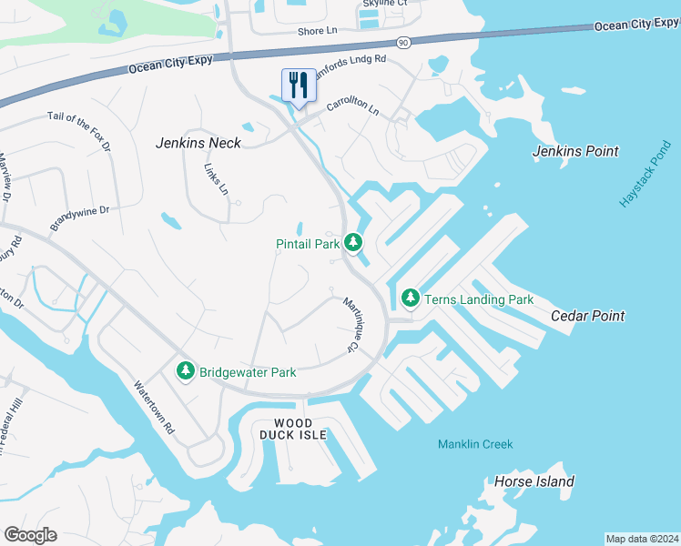 map of restaurants, bars, coffee shops, grocery stores, and more near 598 Ocean Parkway in Ocean Pines